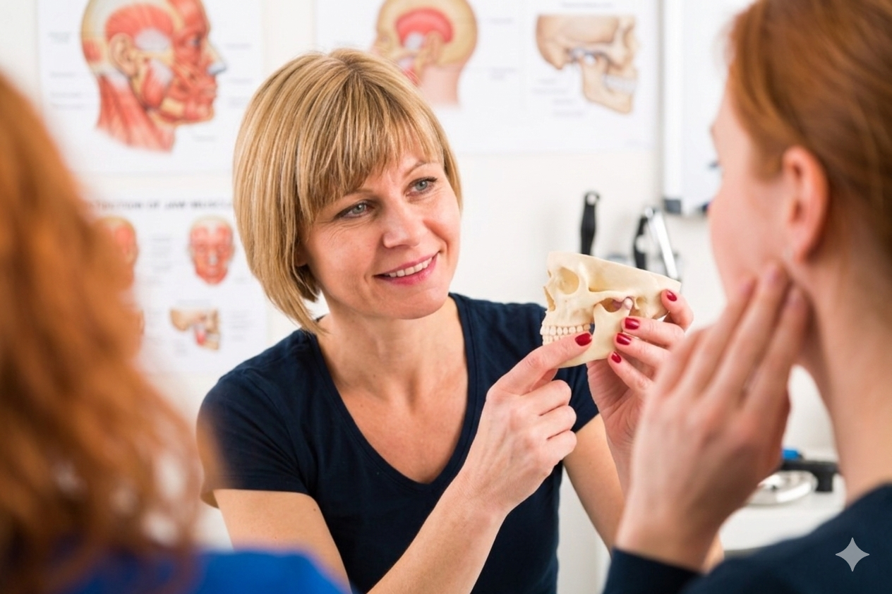 Fotografija od blizu v fizioterapevtski ordinaciji, ki prikazuje terapevtko s kratkimi blond lasmi in v temno modri majici, kako z nasmehom razlaga delovanje anatomskega modela lobanje in čeljusti. Model drži v desni roki z rdeče polakiranimi nohti. Nasproti nje sedi študentka s svetlo rdečimi lasmi, obrnjena s hrbtom proti kameri, ki posluša. Na steni v ozadju so vidni anatomski plakati. Vir svetlobe je naravna svetloba, ki osvetljuje prizor s strani.