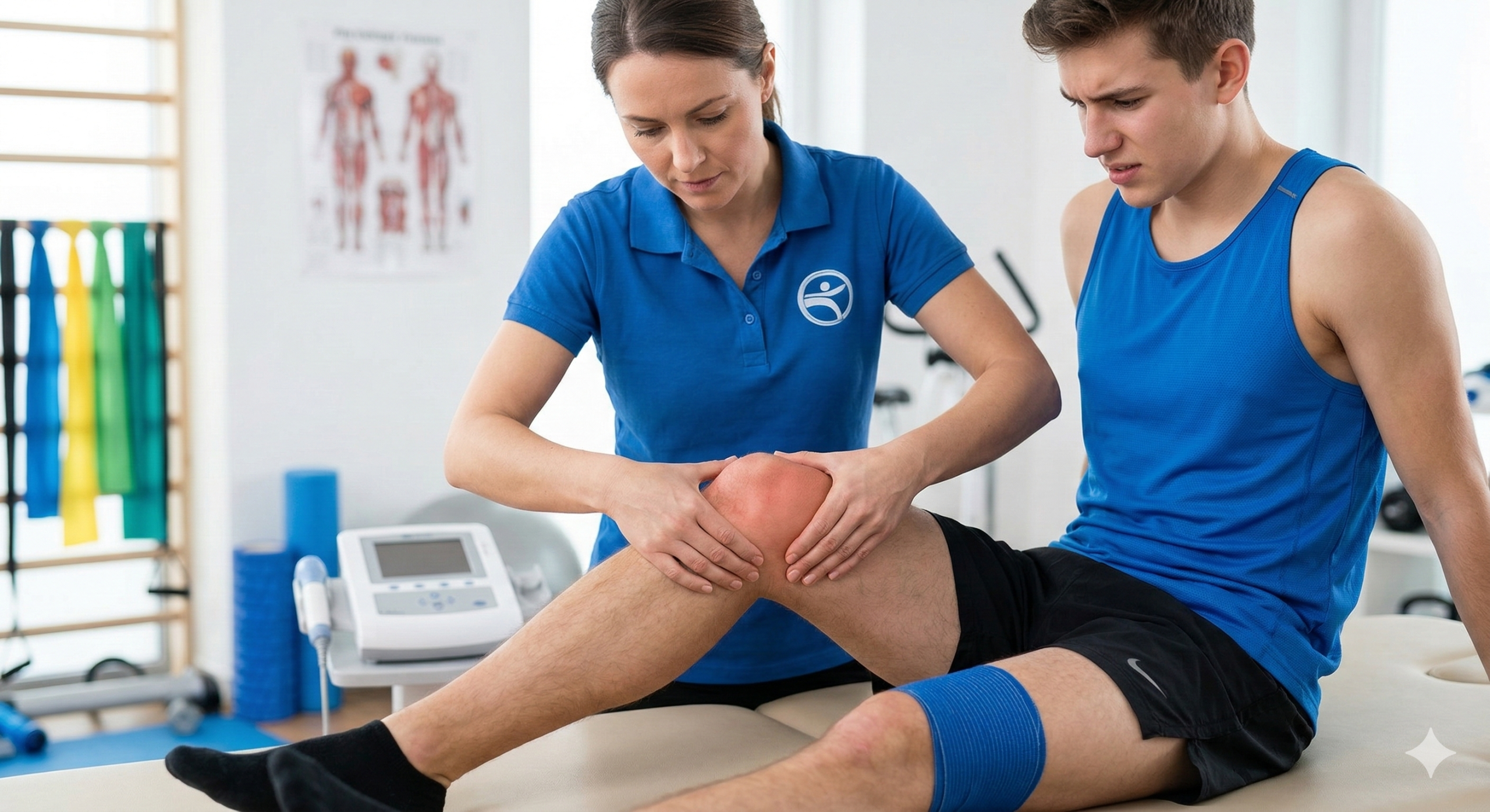 Fizioterapevtka v modri polo majici pregleduje očitno vneto, rdeče koleno mladega športnika, ki sedi na mizi za masažo. Športnik ima boleč izraz na obrazu, na njegovem drugem kolenu je modra kompresijska opornica. V ozadju so anatomski diagrami, naprave za fizioterapijo in barvni uporni trakovi.
