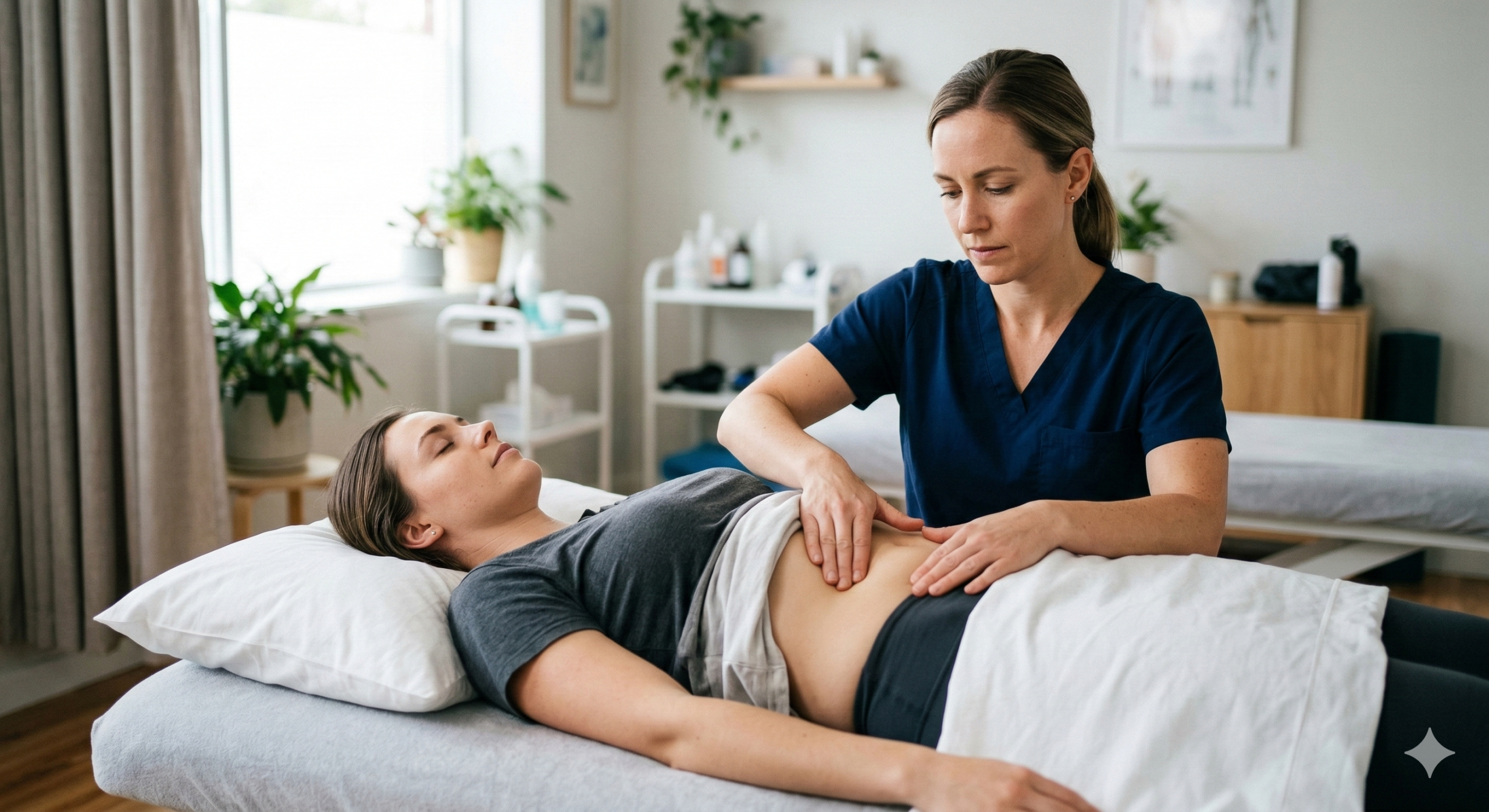 Fotografija fizioterapevtke v mornarsko modri uniformi, ki kleči ob pacientki, ležeči na mizi za masažo. Pacientka leži na hrbtu z zaprtimi očmi, fizioterapevtka pa ima obe roki nežno položeni na njen spodnji del trebuha, kjer izvaja palpatorne gibe visceralne manipulacije. Ordinacija je svetla, z lesenimi podi, zelenimi rastlinami in belimi policami z različnimi medicinskimi pripomočki. Pacientka je oblečena v sivo majico s kratkimi rokavi in temne hlače.