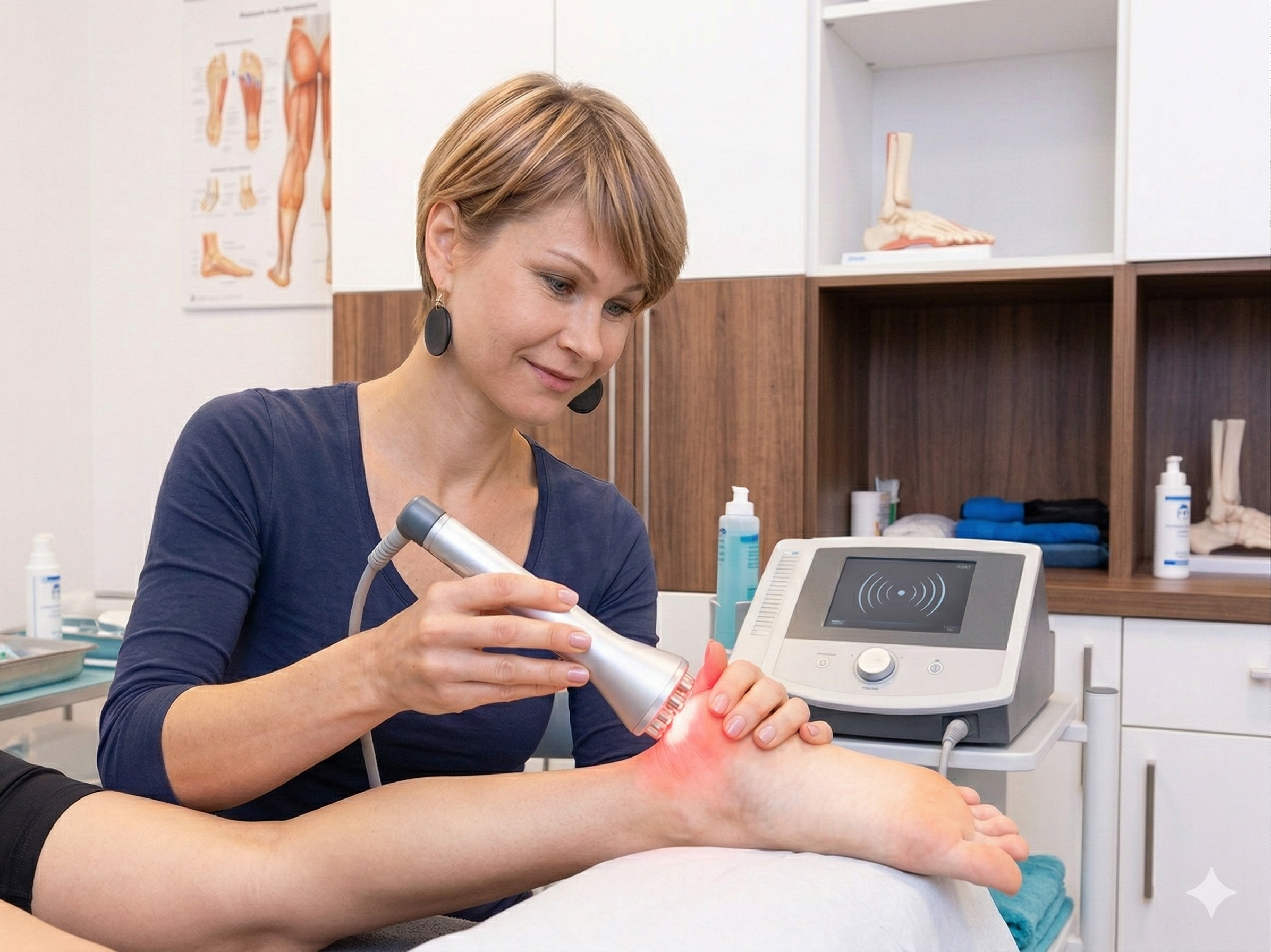 Fizioterapevtka v sodobni ordinaciji v Ljubljani izvaja lasersko terapijo na peti pacienta za hitrejše celjenje poškodbe.