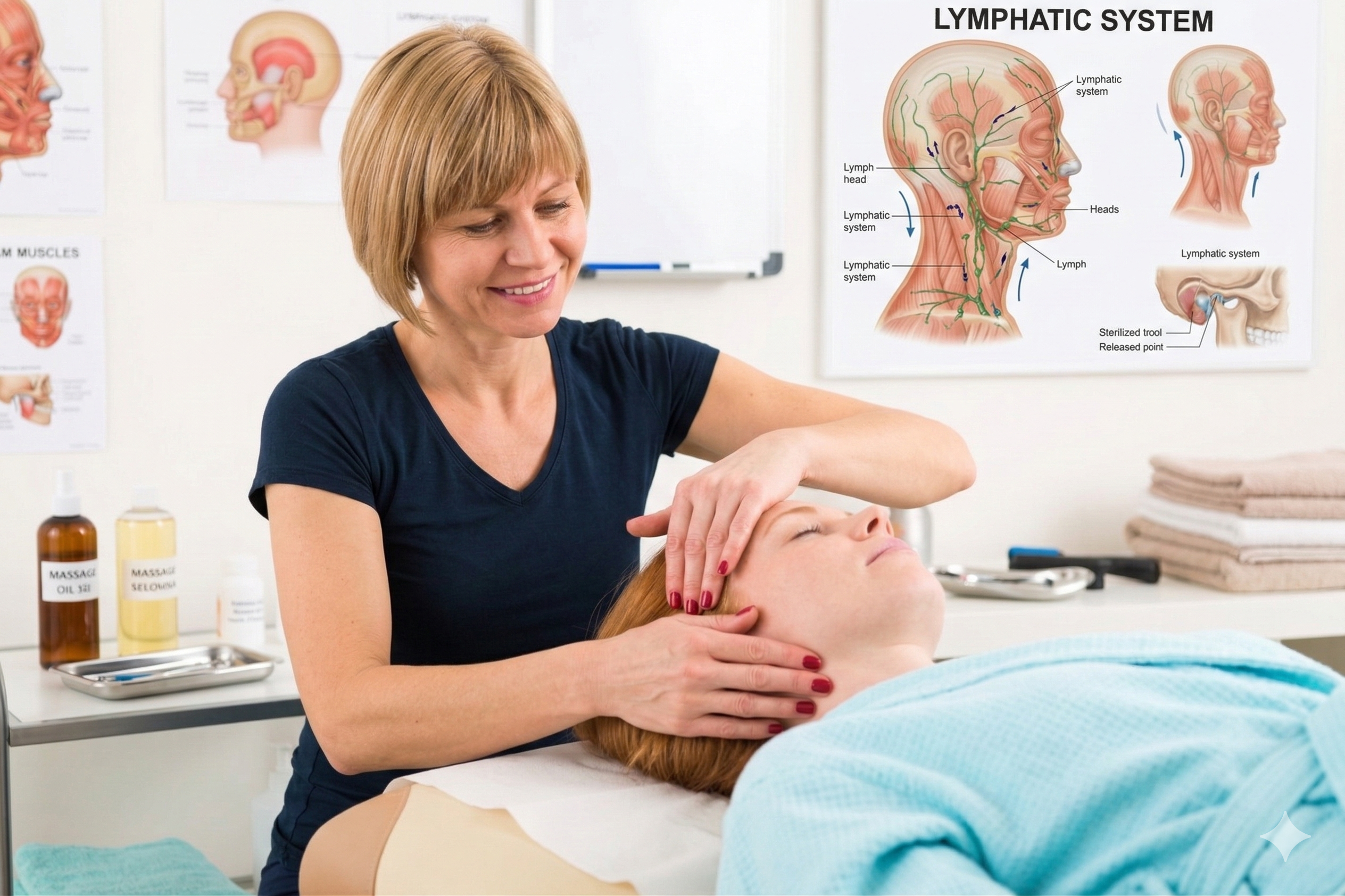 Fotografija od blizu v fizioterapevtski ordinaciji, ki prikazuje terapevtko s kratkimi blond lasmi in v temno modri majici, kako z nežnimi, ritmičnimi gibi rok z rdeče polakiranimi nohti izvaja limfno drenažo na levi strani glave in vratu pacientke z rdečimi lasmi, ki leži zaprtih oči v svetlo modri kopalni plašči. Pacientka leži na terapevtski mizi, pokrita z brisačo. V ozadju na steni so vidni anatomski plakati z napisi "MUSCLES" in "LYMPHATIC SYSTEM" v angleščini ter stekleničke z olji in brisače na polici. Prizor je osvetljen z naravno svetlobo, ki prihaja s strani, in je posnet v realističnem slogu.