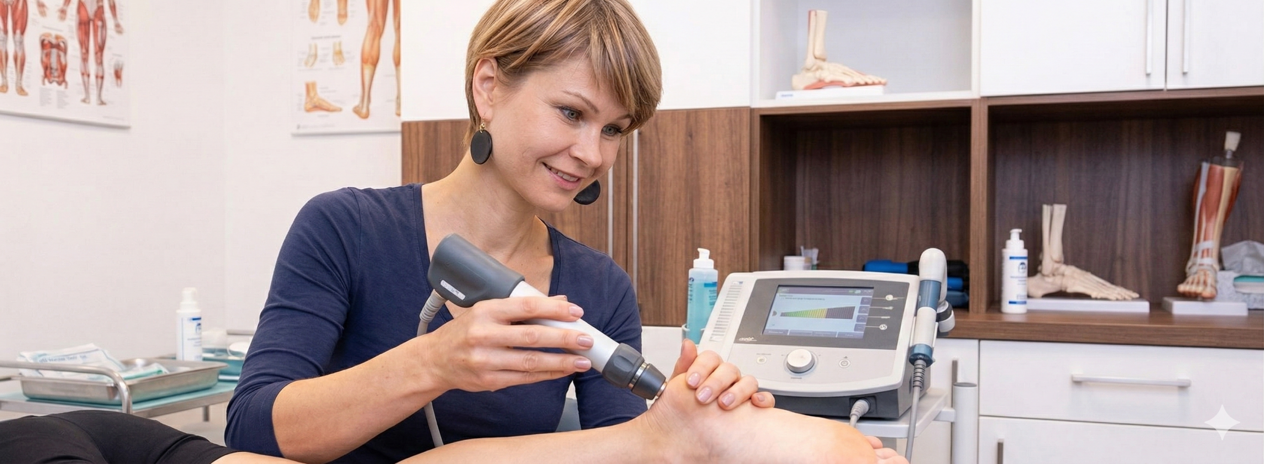 Fizioterapevtka v Ljubljani izvaja terapijo z udarnimi valovi (ESWT) na peti pacienta za zdravljenje petnega trna v sodobni ordinaciji z medicinsko opremo BTL.