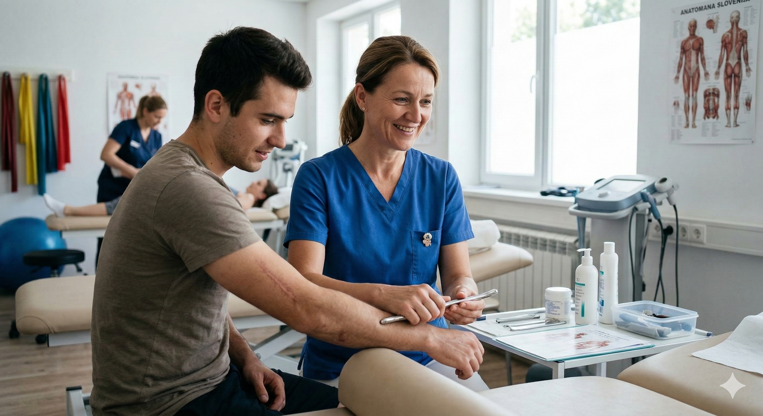 Realistična fotografija nasmejane fizioterapevtke v mornarsko modri uniformi, ki v svetli ambulanti izvaja manualno terapijo na trebušni brazgotini moškega pacienta. Pacient leži na terapevtski mizi, fizioterapevtka pa nežno masira predel brazgotine s konicami prstov. V ozadju so vidne zelene rastline, police s pripomočki in anatomski plakati.