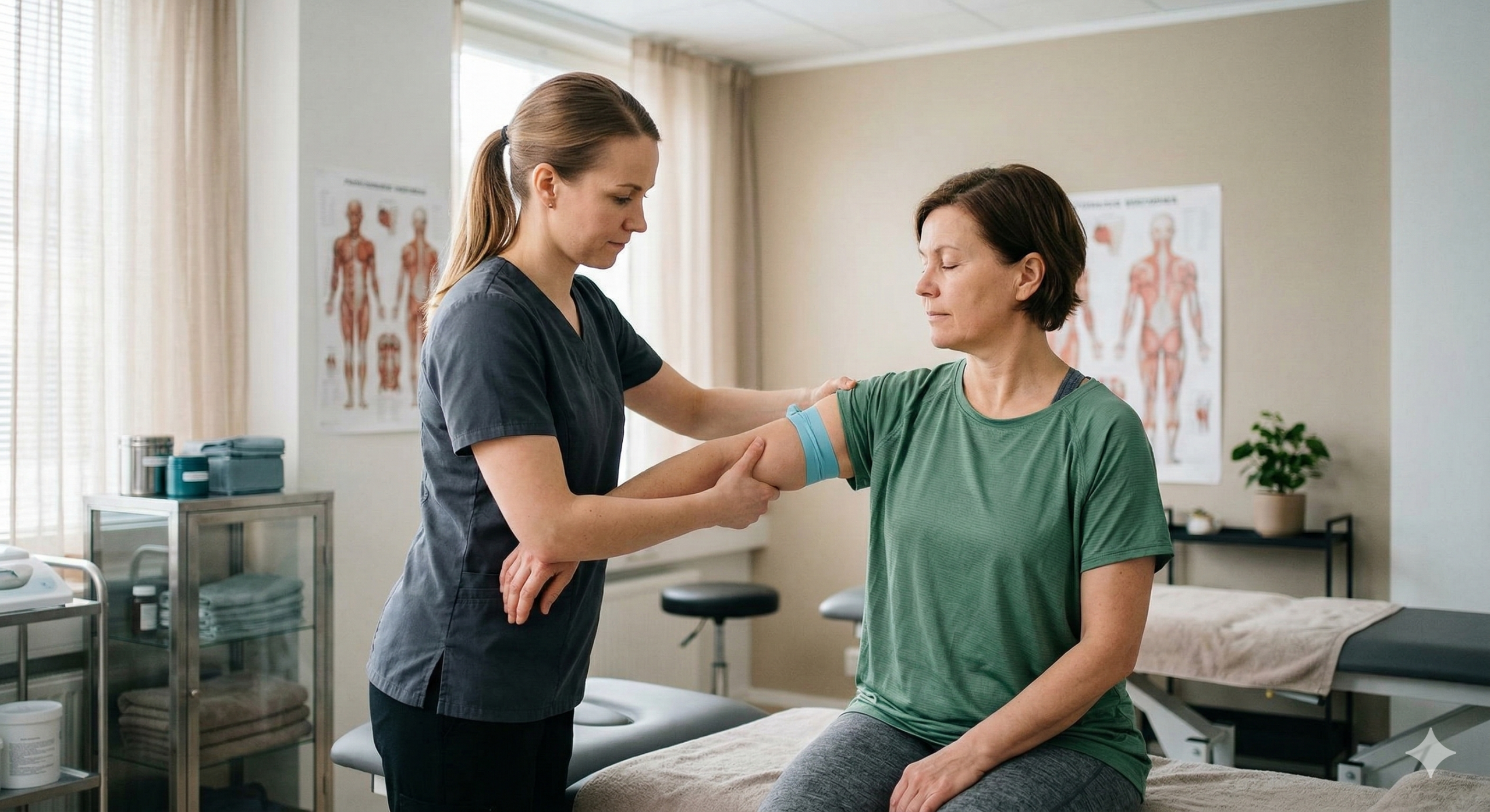 Prikaz terapevtske obravnave: fizioterapevtka izvaja manipulacijo fascij z modrim elastičnim trakom (flossing) na pacientki v svetli fizioterapevtski ambulanti v Sloveniji.