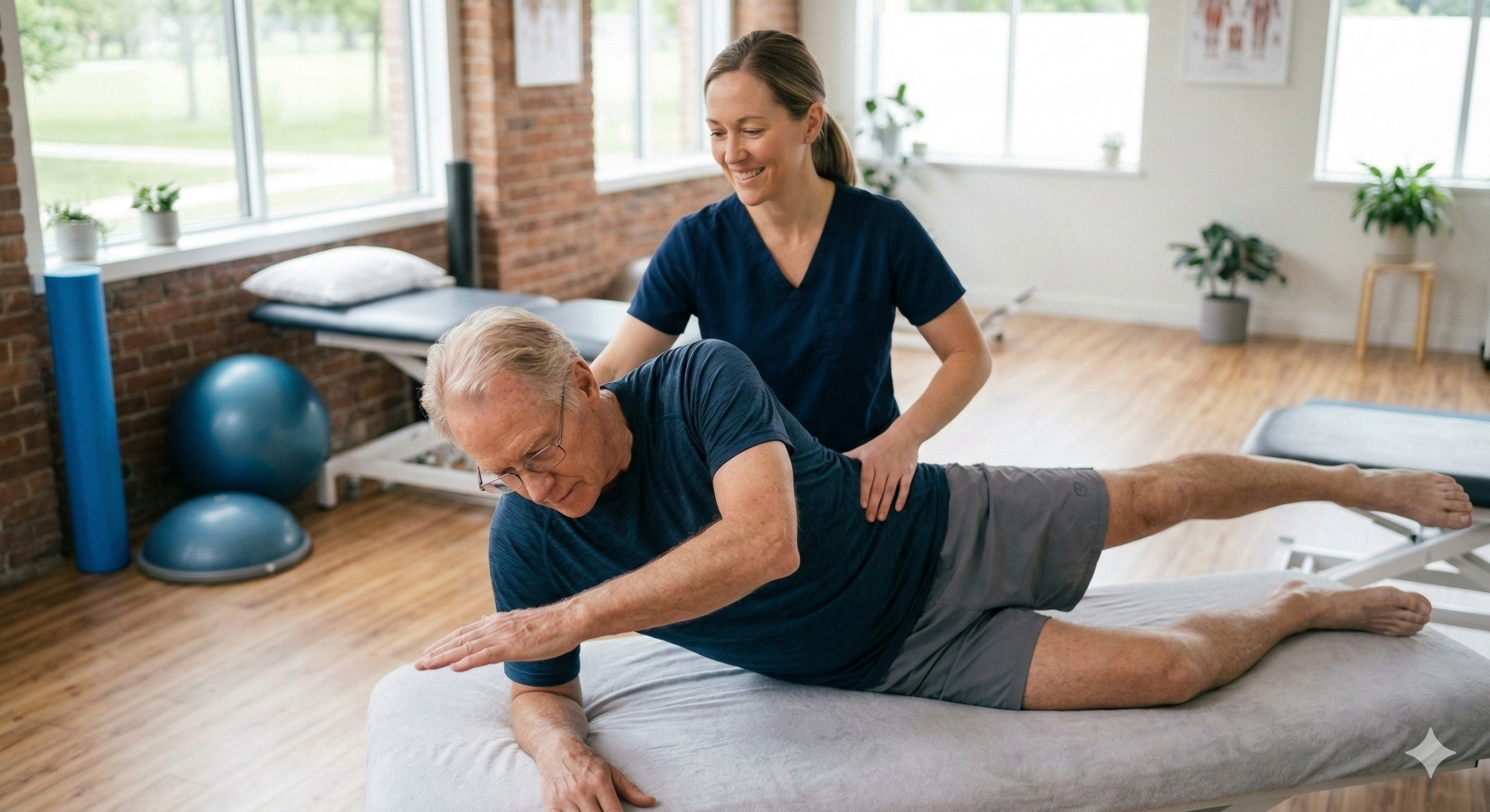 Realistična fotografija v svetlem fizioterapevtskem studiu. Starejši moški s sivimi lasmi in očali, oblečen v modro majico in sive hlače, leži na boku na terapevtski mizi z sivo prevleko. Izvaja stabilizacijsko vajo, pri kateri ima iztegnjeno desno nogo in levo roko. Za njim stoji mlajša nasmejana fizioterapevtka v temno modri uniformi in nežno drži roko na njegovem boku za vodenje in podporo. V ozadju so vidne opečne stene, velika okna, terapevtske žoge (modra velika in manjša bosu žoga), modri penasti valj in druge terapevtske mize.