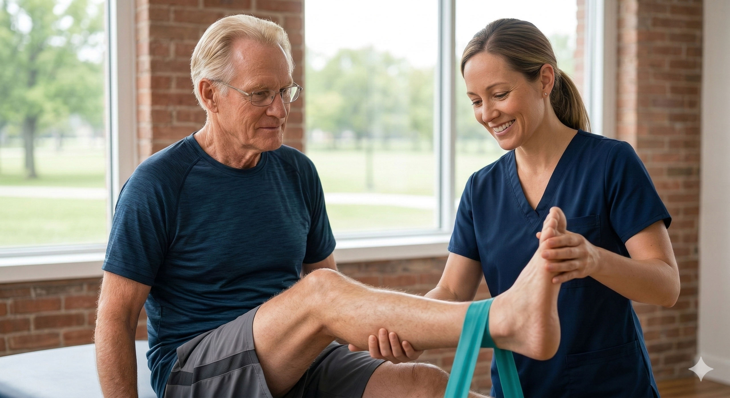 Bližinski posnetek v svetli ordinaciji, kjer nasmejana fizioterapevtka v temno modri uniformi pomaga starejšemu svetlolasemu pacientu pri vajah za nogo. Pacient sedi in ima dvignjeno nogo, fizioterapevtka pa z obema rokama nežno podpira njegovo stopalo in gleženj, medtem ko je okoli noge nameščen turkizen elastični trak za upor. V ozadju so vidna velika okna in stena iz rdeče opeke.