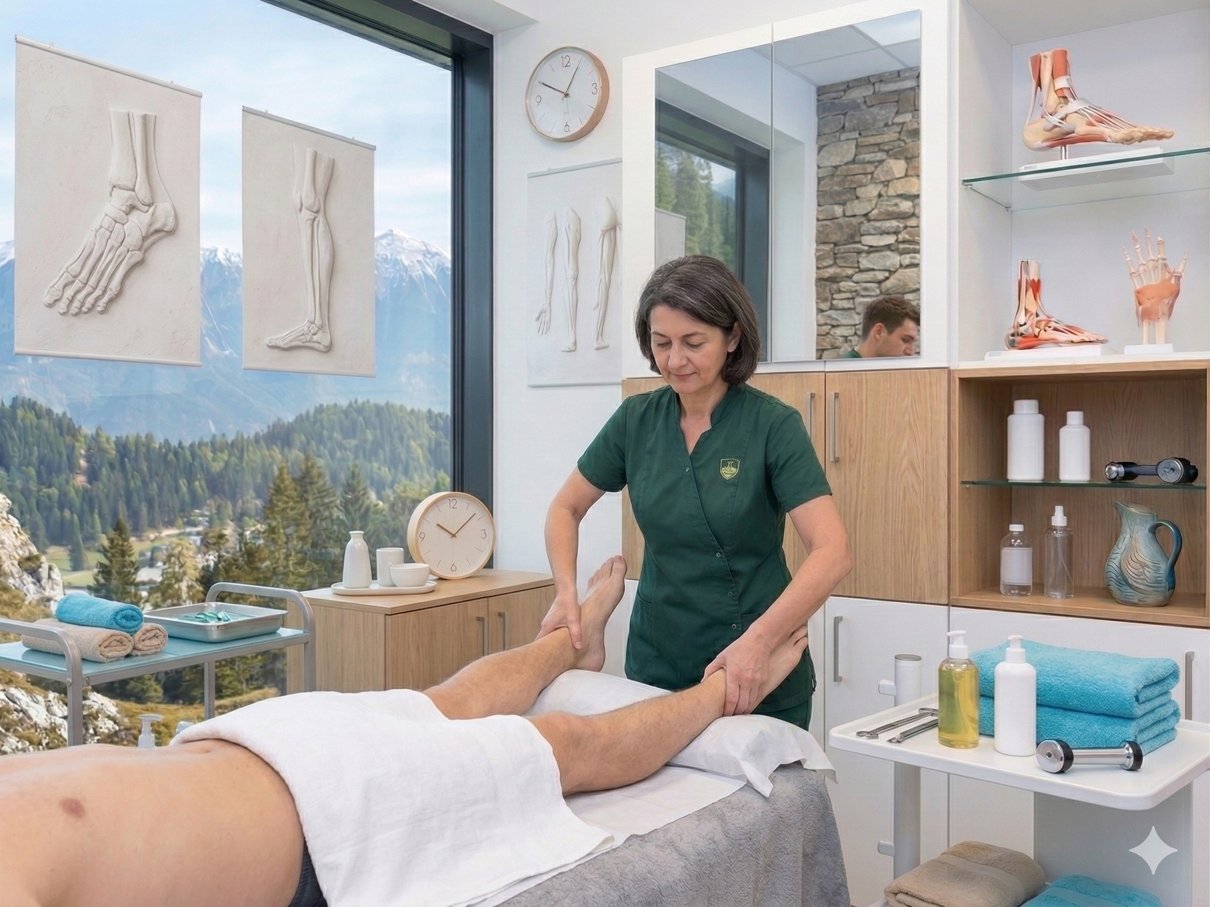 terapevtka v zeleni uniformi izvaja manualno terapijo, natančneje mobilizacijo gležnja na pacientu, ki leži na mizi